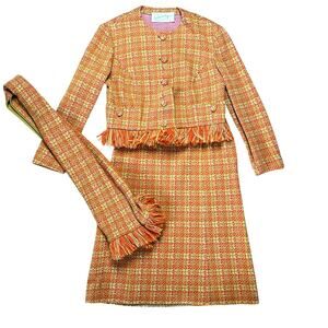 Promemade Vintage Italian Skirt Suit with Scarf 100% Wool Pink Orange